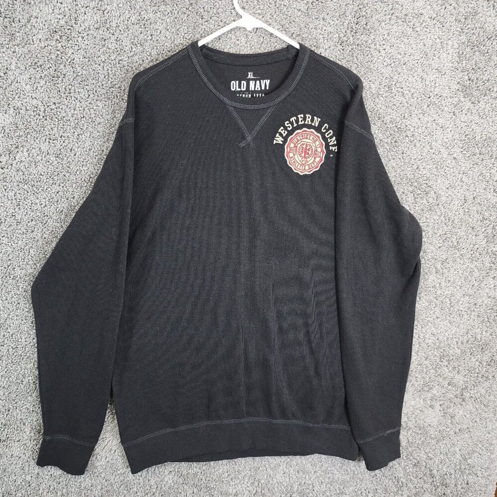 Old Navy Thermal Sweater Mens XL Black Long Sleeve Crew Neck Patched Casual